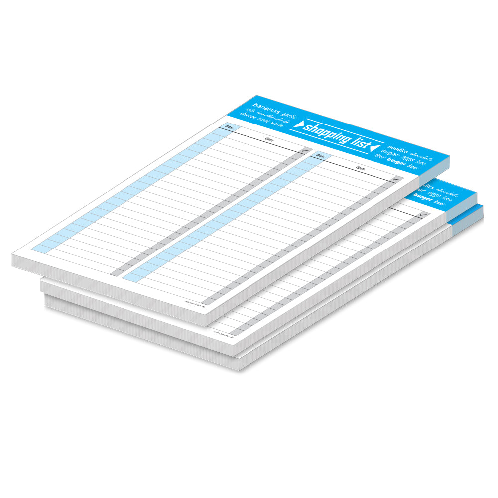 einkaufsliste typo, englische sprachversion, a5, blau-weiße optik, zweireihige spalten für artikel und stück, 3er set