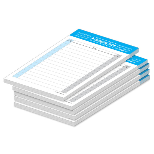 einkaufsliste typo, englische sprachversion, a6, blau-weiße optik, spalten für artikel und stück, 5er set