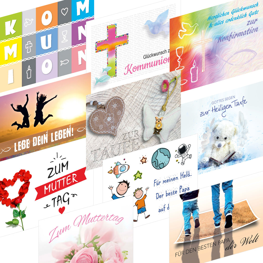 grußkartenset für alle anlässe, verschiedene motive (schulabschluss, kommunion, muttertag, hochzeit uvm)