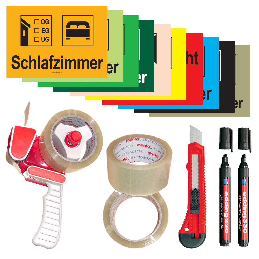 umzugskomplett set wohnung mit verschiedenen aufklebern, packband mit abrollen, 1x messer und 2x marker
