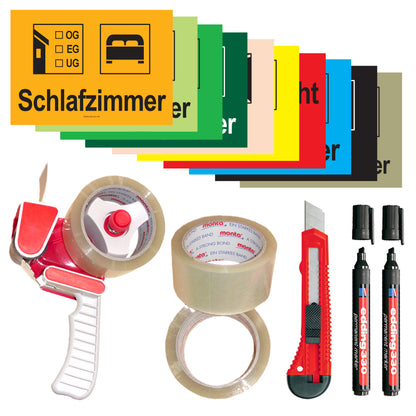 umzugskomplett set wohnung mit verschiedenen aufklebern, packband mit abrollen, 1x messer und 2x marker