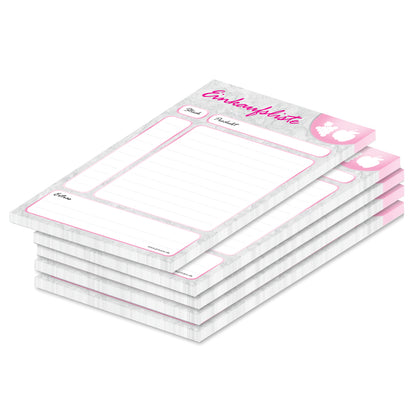 einkaufsliste marmor, a6, grau-rosa opitk mit spalten für produkt und stückzahl, 5er set