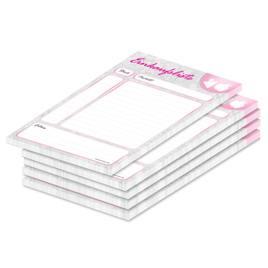 einkaufsliste marmor, a6, grau-rosa opitk mit spalten für produkt und stückzahl, 5er set
