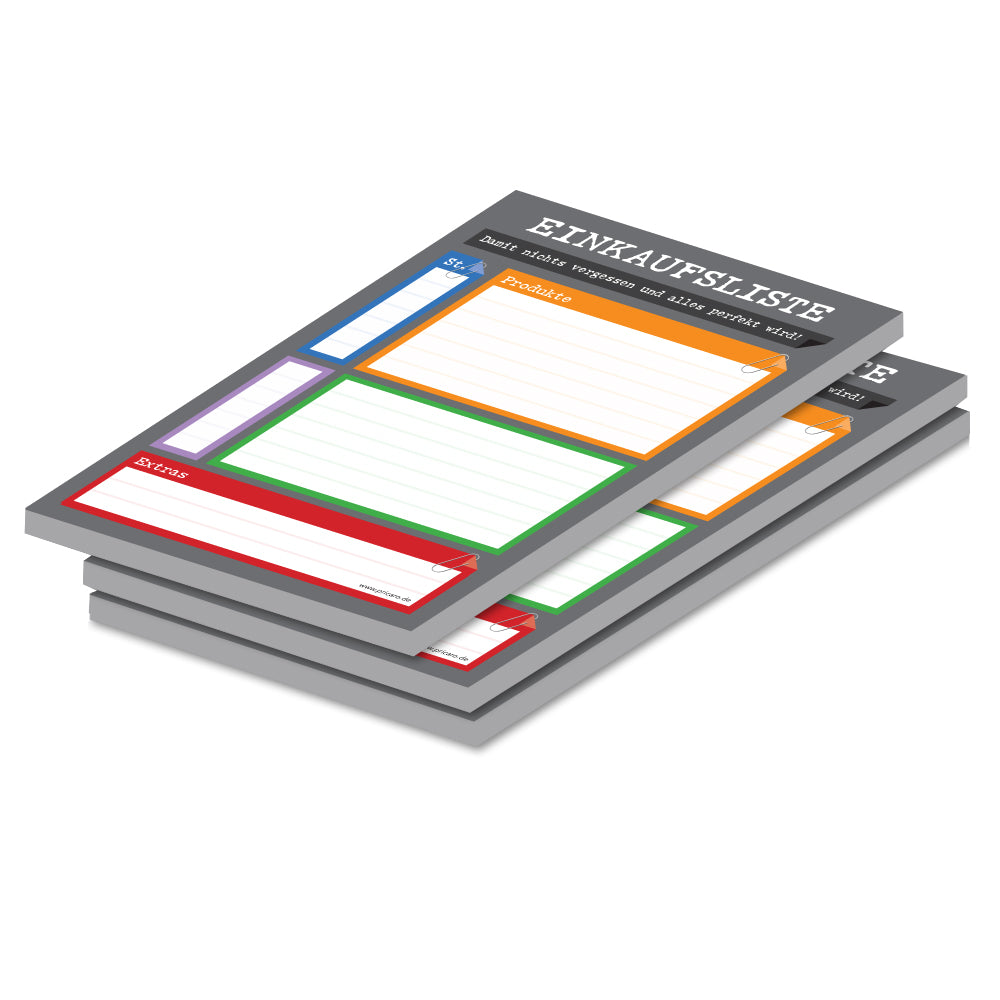 einkaufsliste perfekt, a5, grau-bunte opitk mit spalten für produkt und stückzahl, 3er set