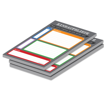 einkaufsliste perfekt, a5, grau-bunte opitk mit spalten für produkt und stückzahl, 3er set