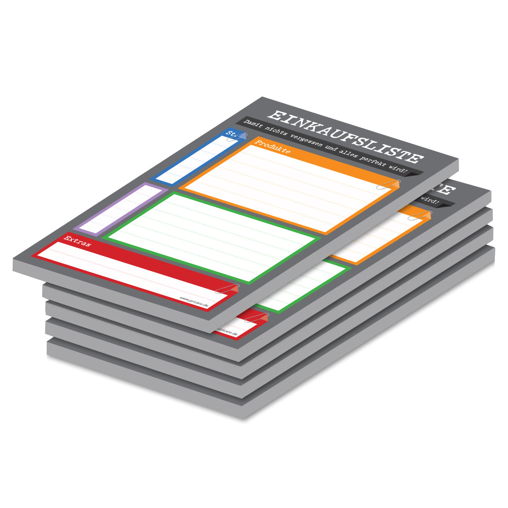 einkaufsliste perfekt, a6, grau-bunte opitk mit spalten für produkt und stückzahl, 5er set