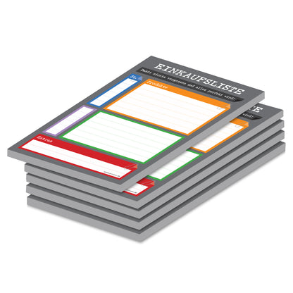 einkaufsliste perfekt, a6, grau-bunte opitk mit spalten für produkt und stückzahl, 5er set