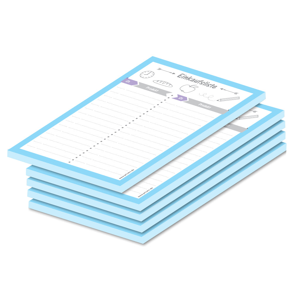 einkaufsliste allerlei, a6, blau-weiße opitk mit illustrationen von lebensmitteln und spalten für produkt und stückzahl, 5er set