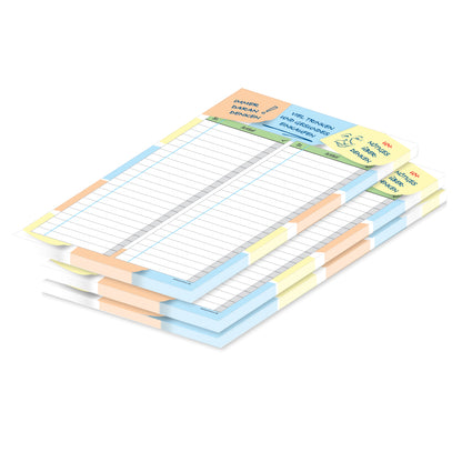 einkaufsliste notizen, a5, weiß-bunte opitk mit verschiedenen sprüchen und spalten für produkt und stückzahl, 3er set
