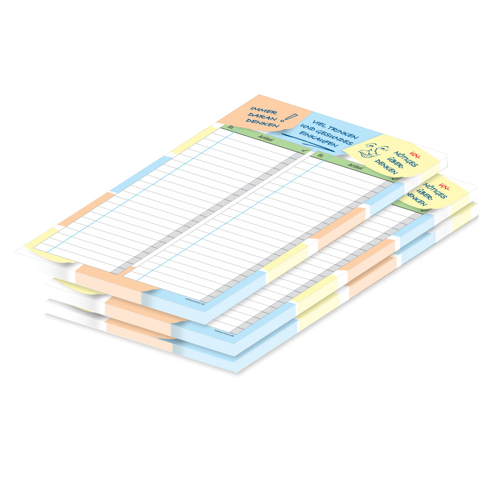 einkaufsliste notizen, a5, weiß-bunte opitk mit verschiedenen sprüchen und spalten für produkt und stückzahl, 3er set