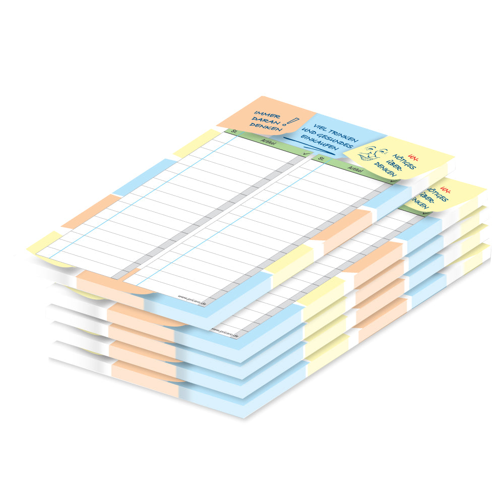 einkaufsliste notizen, a6, weiß-bunte opitk mit verschiedenen sprüchen und spalten für produkt und stückzahl, 5er set