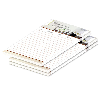 einkaufsliste "wohnen", a5 weiß-bunte opitk mit abgebildeter küche und spalten für produkt und stückzahl, 3er set