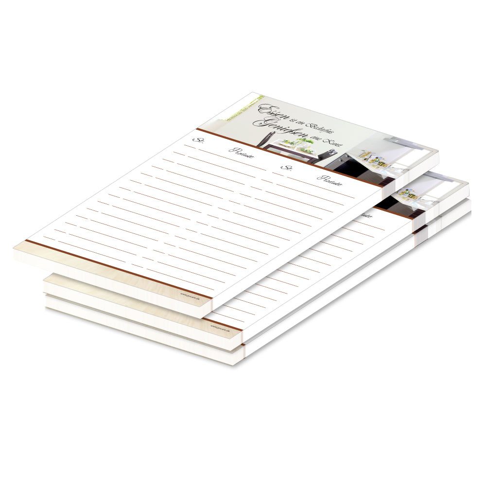 einkaufsliste "wohnen", a5 weiß-bunte opitk mit abgebildeter küche und spalten für produkt und stückzahl, 3er set