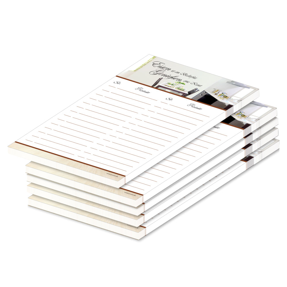 einkaufsliste "wohnen", a6 weiß-bunte opitk mit abgebildeter küche und spalten für produkt und stückzahl, 5er set