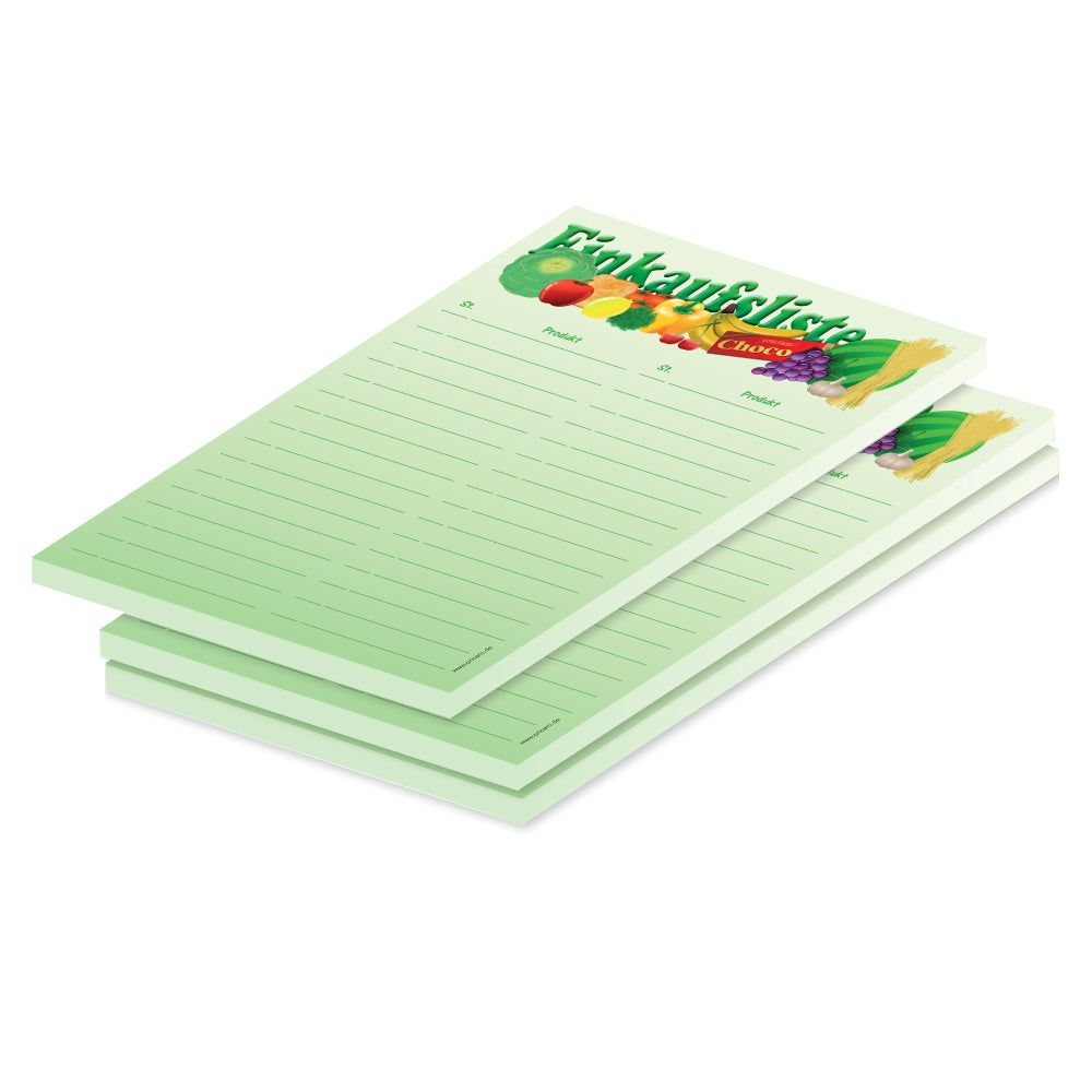 einkaufsliste "vielfalt", a5, grüne opitk mit abgebildetem obst und gemüse und spalten für produkt und stückzahl, 3er set