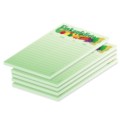einkaufsliste "vielfalt", a6, grüne opitk mit abgebildetem obst und gemüse und spalten für produkt und stückzahl, 5er set