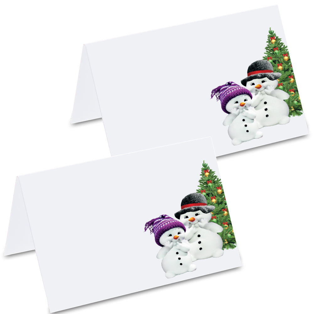 tischkarte "schneemänner", schneemann-motive mit weihnachtsbaum auf vorder- und rückseite