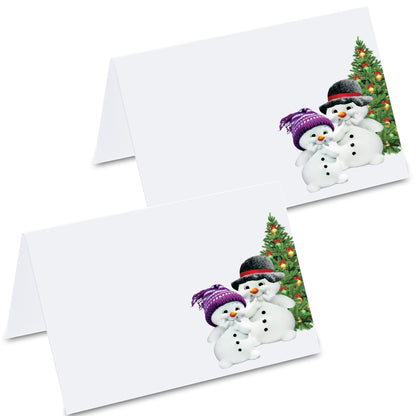 tischkarte "schneemänner", schneemann-motive mit weihnachtsbaum auf vorder- und rückseite