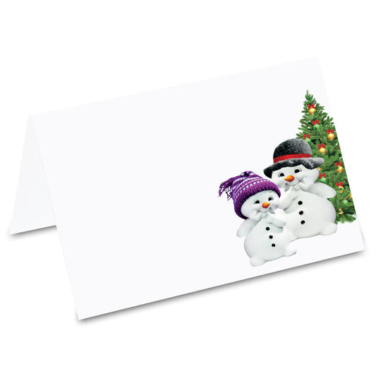 tischkarte "schneemänner", schneemann-motive mit weihnachtsbaum auf vorderseite