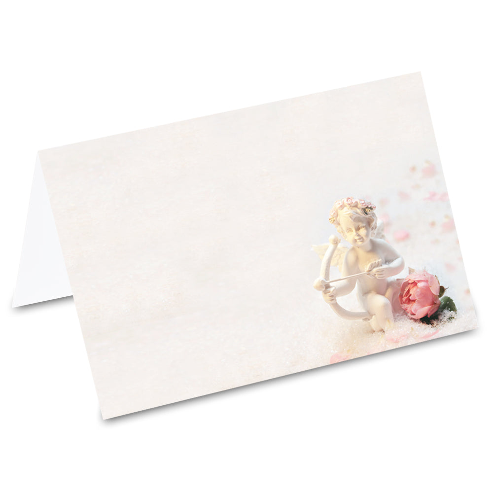 tischkarte "engel", engel armor mit rosenblüte auf vorderseite