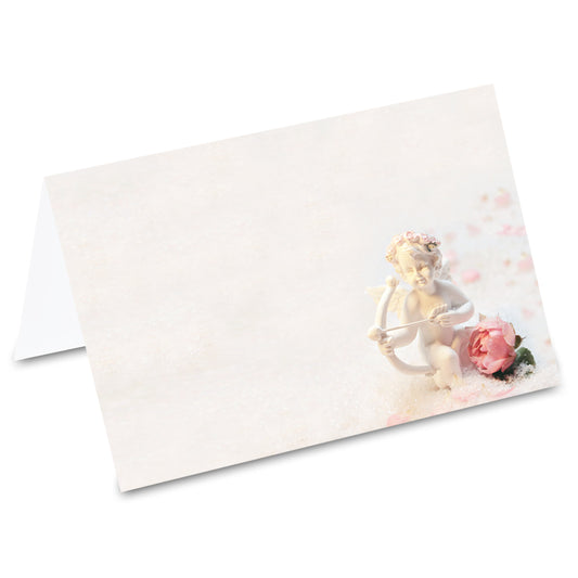 tischkarte "engel", engel armor mit rosenblüte auf vorderseite