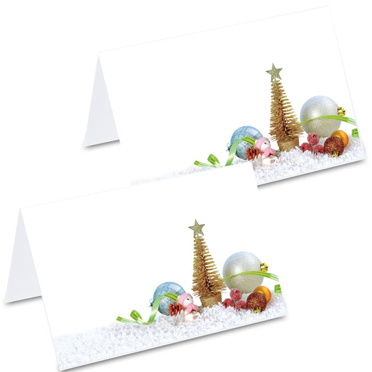 tischkarte "weihnachtsdekoration", weihnachtskugeln und weihnachtsdeko auf vorder- und rückseite