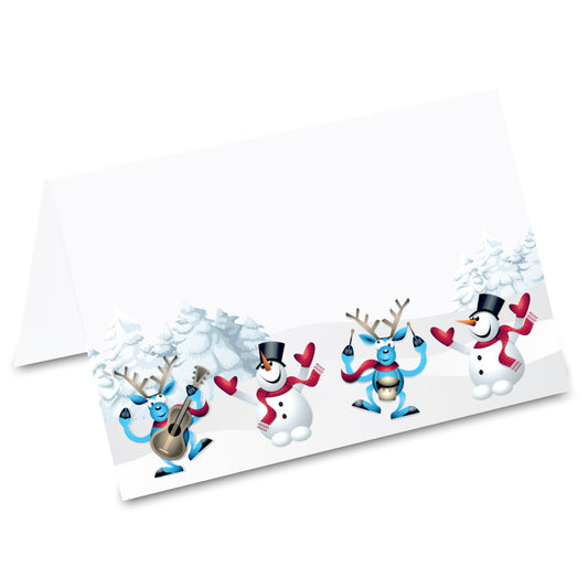 tischkarte "weihnachtsboogie", tanzende schneemännger und rentiere in winterlandschaft auf vorderseite
