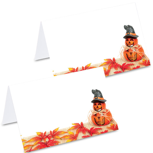 tischkarte "halloweenkürbis", kürbisse, und herbstlaub auf vorder- und rückseite