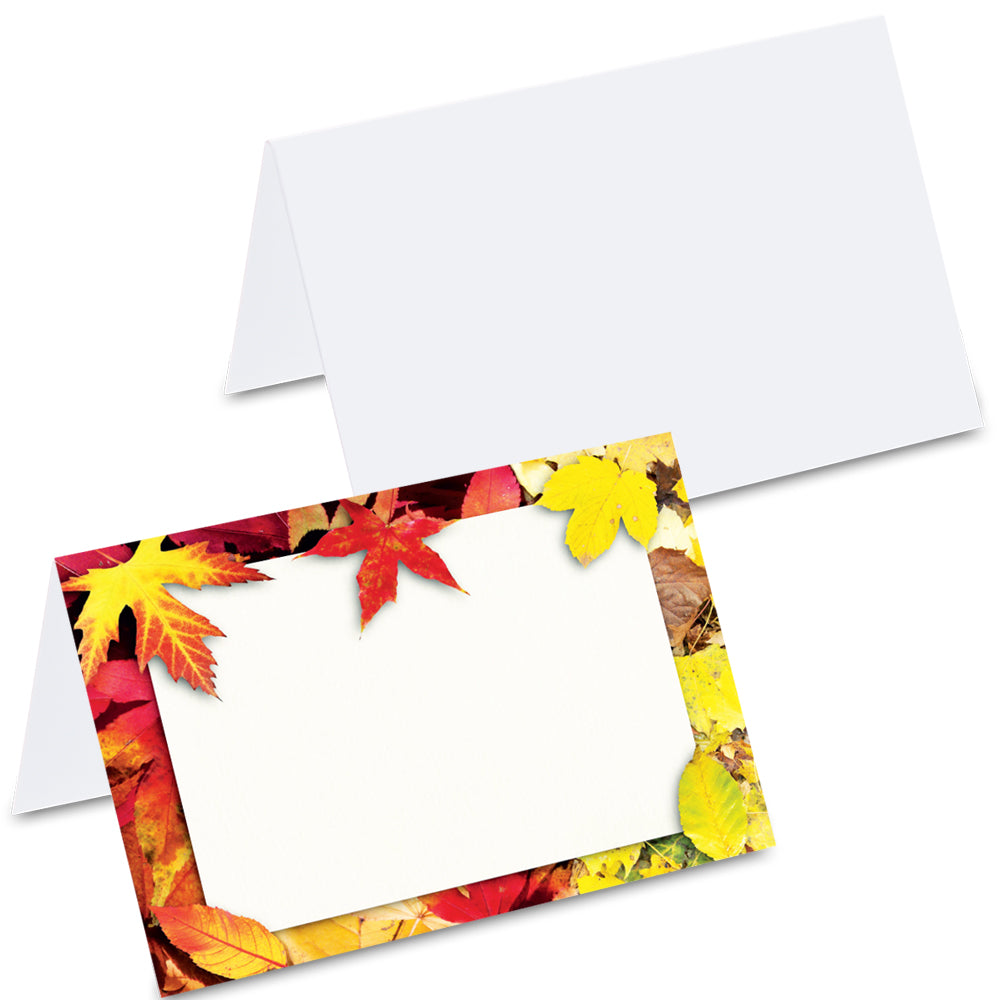 tischkarte "herbstblätter", rahmen aus herbstlaub auf vorderseite, rückseite unbedruckt