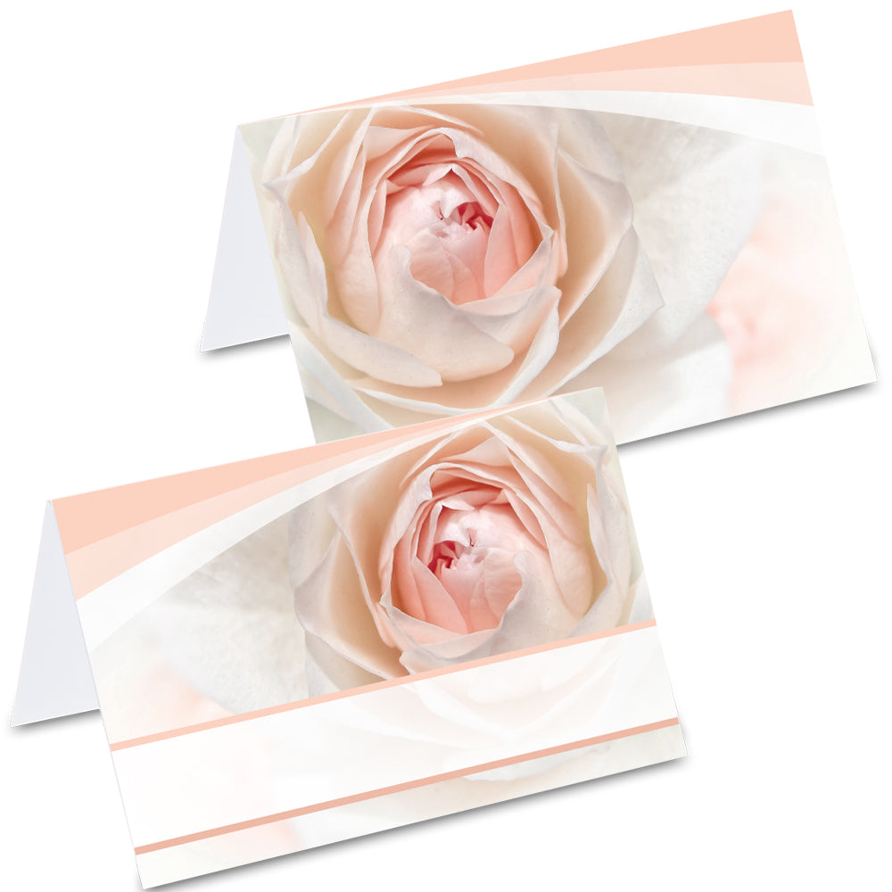tischkarte "rose", rosafarbenerosenblüte auf vorder- und rückseite