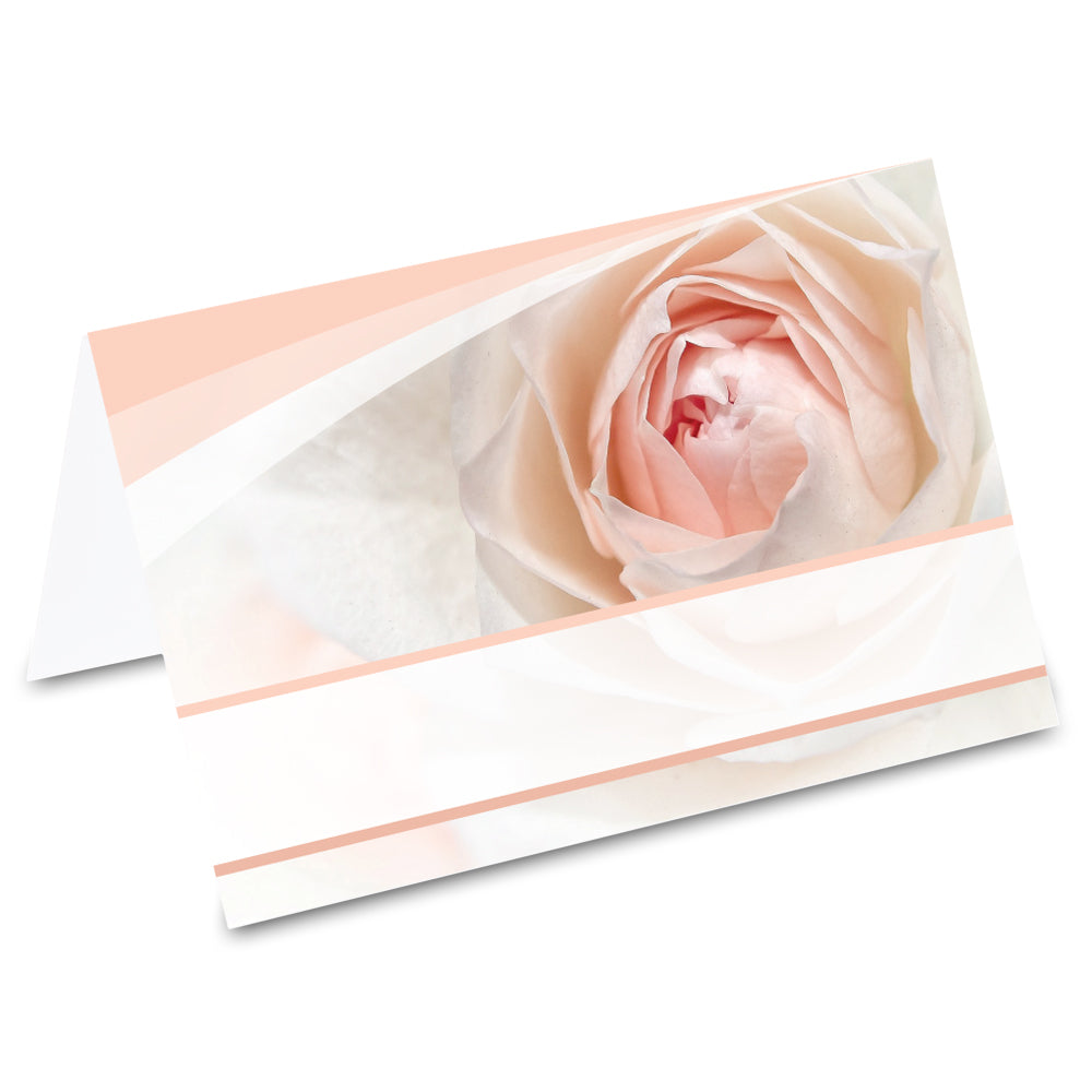 tischkarte "rose", rosafarbenerosenblüte auf vorderseite