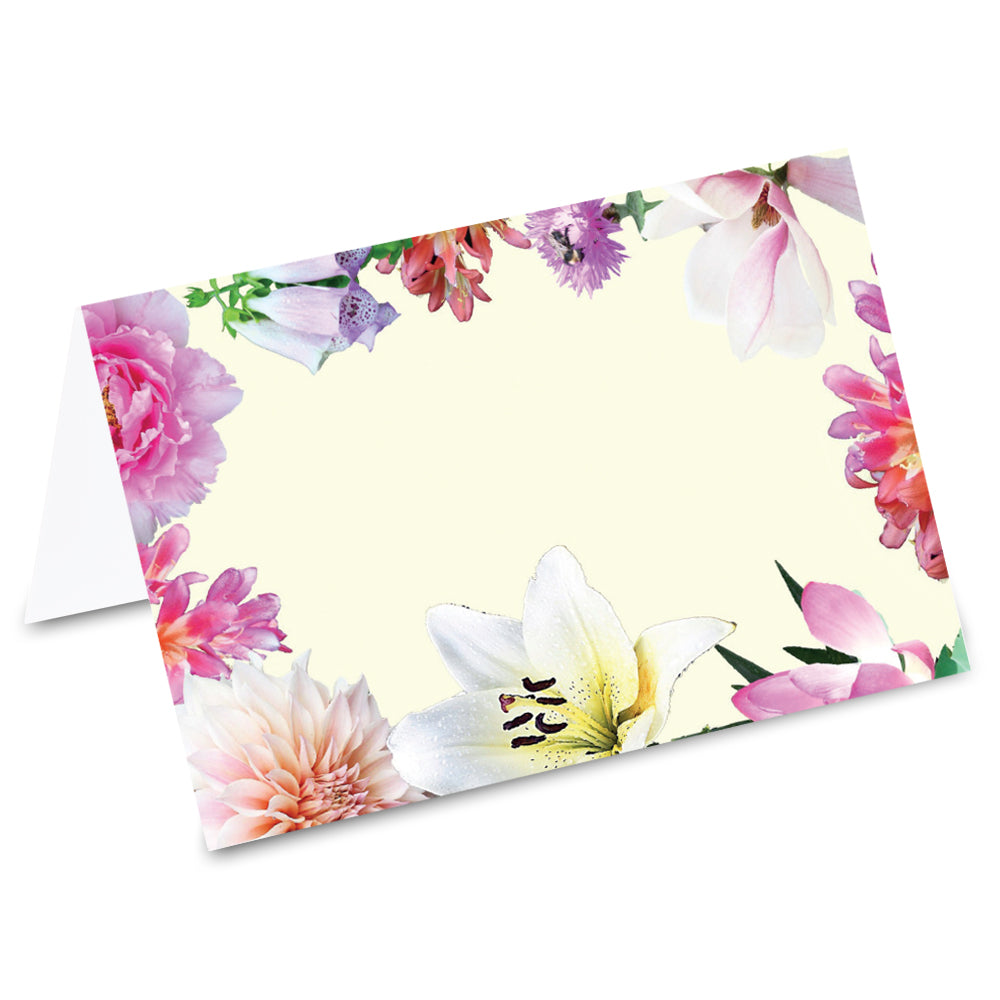 tischkarte "blumenpracht", verschiedene blumenblüten auf vorderseite