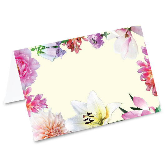 tischkarte "blumenpracht", verschiedene blumenblüten auf vorderseite