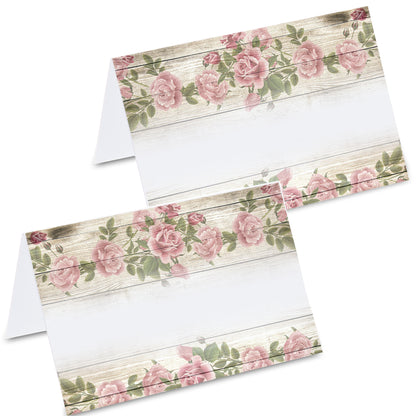 tischkarte "vintage", holzoptik mit rosen im oberen und unteren kartenbereich, vorder- und rückseite