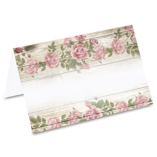 tischkarte "vintage", holzoptik mit rosen im oberen und unteren kartenbereich, vorderseite