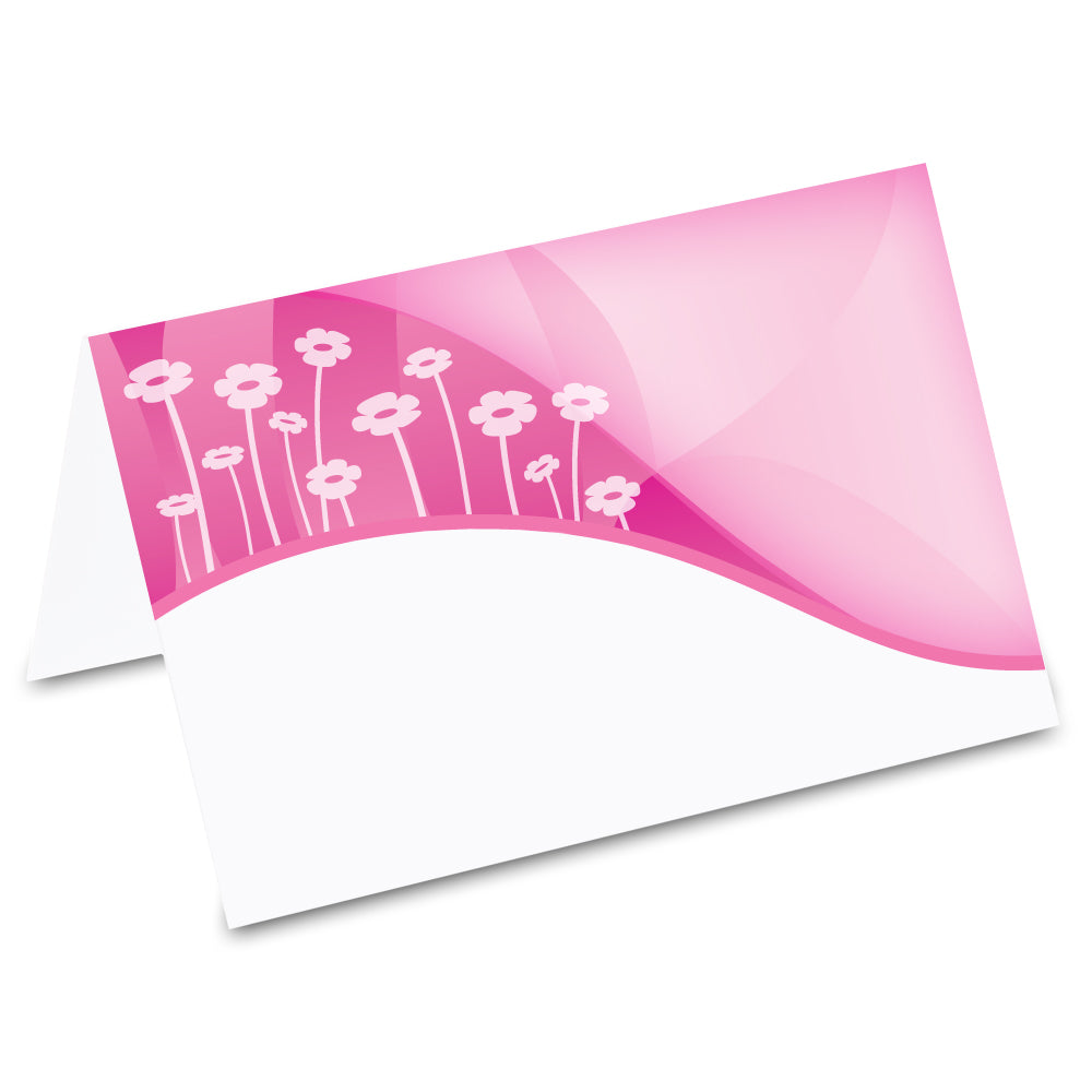 tischkarte "blumenfeld abstrakt", pink-weiße optik mit abstrakter blumenwiese, vorderseite