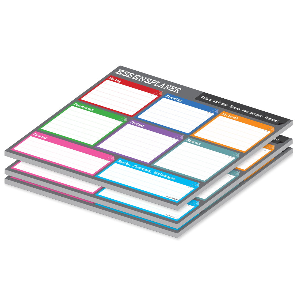 essensplaner perfekt, a4, anthrazit-bunte optik, spalten von montag bis sonntag und platz für weitere eintragungen, 3er set