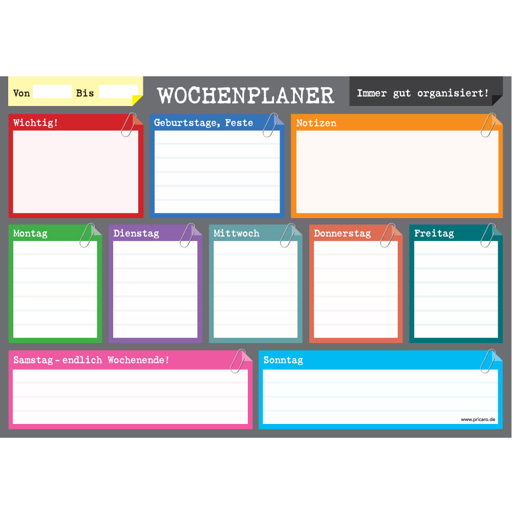 wochenplaner perfekt a4, querformat, anthrazit-bunte optik mit zusätzlichen feldern für geburtstage und weitere notizen, frontansicht