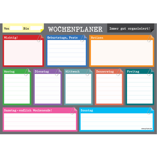 wochenplaner perfekt a4, querformat, anthrazit-bunte optik mit zusätzlichen feldern für geburtstage und weitere notizen, frontansicht