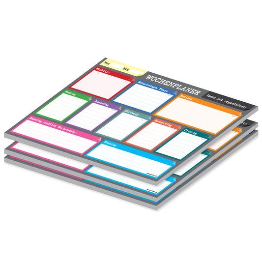 wochenplaner perfekt a4, querformat, anthrazit-bunte optik mit zusätzlichen feldern für geburtstage und weitere notizen, 3er set