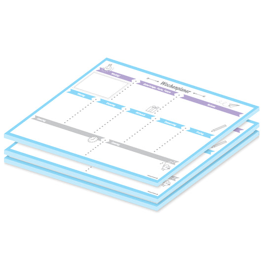 wochenplaner allerlei a4, querformat, blau-lila-weiße optik mit zusätzlichen feldern für geburtstage und weitere notizen, 3er set