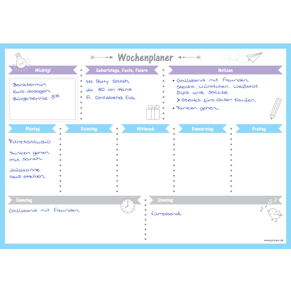 wochenplaner allerlei a4, querformat, ausfüllbeispiel