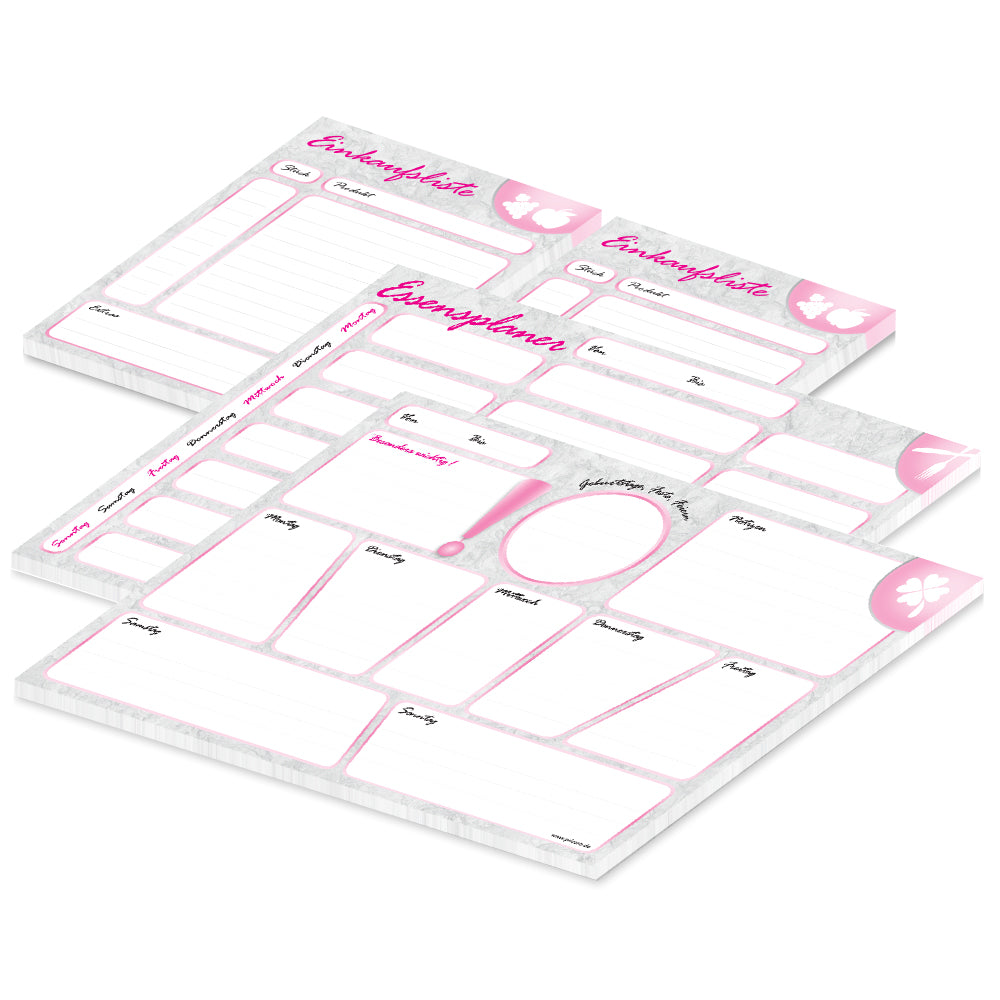planer komplettset marmor, a4, grau, rosa, optik, 1x wochenplaner, 1x essensplaner, 2 einkaufslisten a5