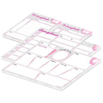 planer komplettset marmor, a4, grau, rosa, optik, 1x wochenplaner, 1x essensplaner, 2 einkaufslisten a5