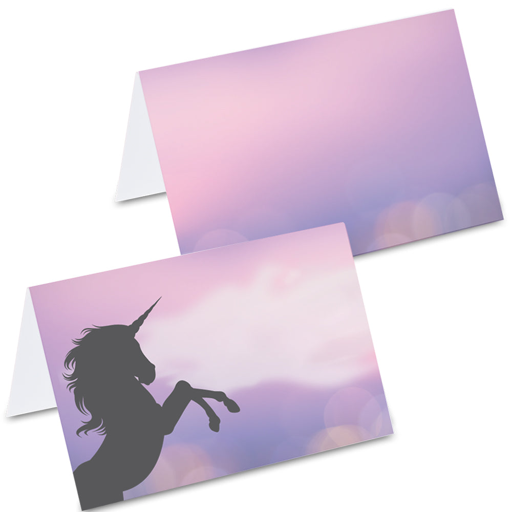 tischkarte "einhorn dämmerung",schwarzer schatten eines einhorns vor lila-rosaner dämmerung auf vorderseite, rückseite rosa-lila ohne weiteres motiv