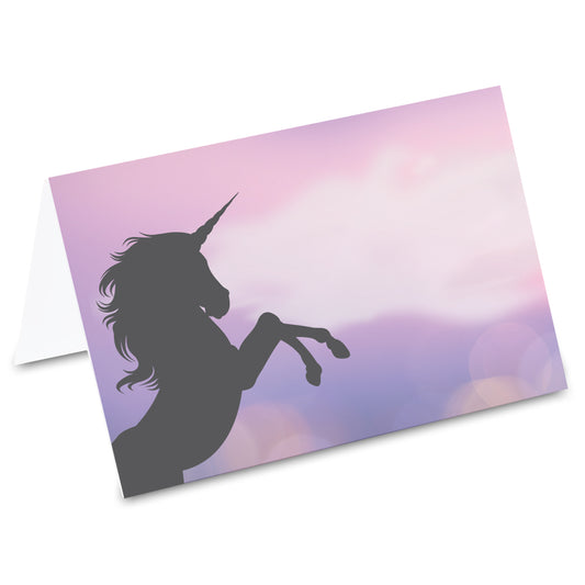 tischkarte "einhorn dämmerung",schwarzer schatten eines einhorns vor lila-rosaner dämmerung auf vorderseite