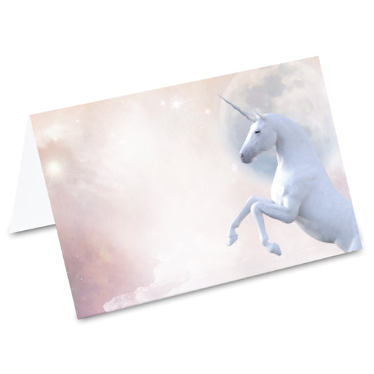 tischkarte "einhorn vollmond", weißes einhorn vor vollmond und wolken auf vorderseite