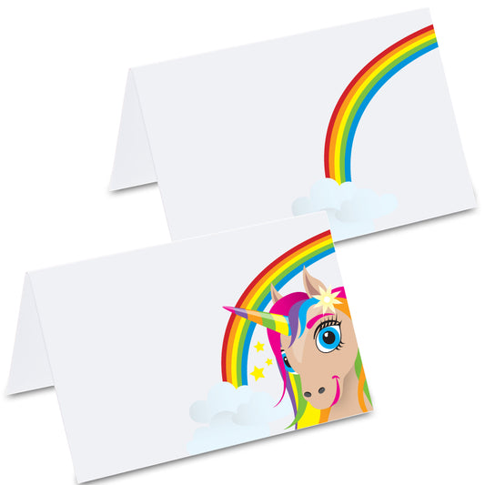 tischkarte "einhorn regenbogen", buntes comic einhorn mit regenbogen und wolken auf vorderseite, rückseite mit wolken und regenbogen