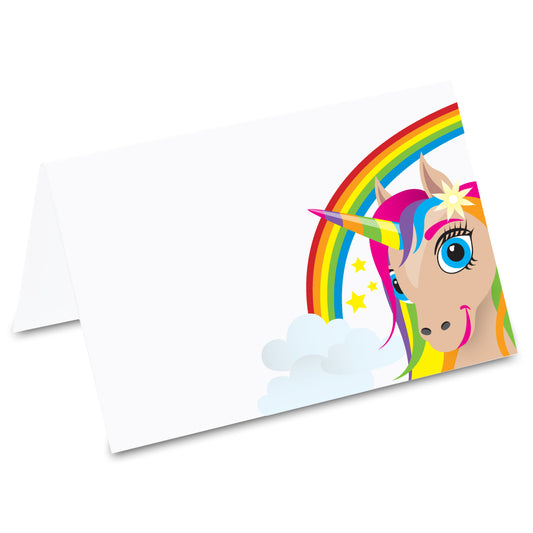 tischkarte "einhorn regenbogen", buntes comic einhorn mit regenbogen und wolken auf vorderseite