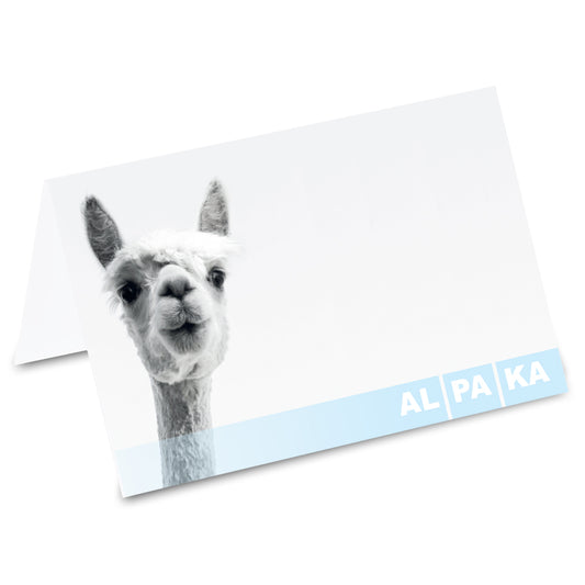 tischkarte "alpaka was guckst du", weißes alpaka mit blauem rahmen unten und der aufschrift al pa ka auf vorderseite